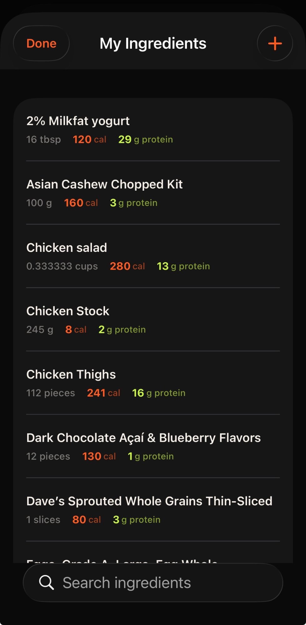 My Pantry list showing foods with macros