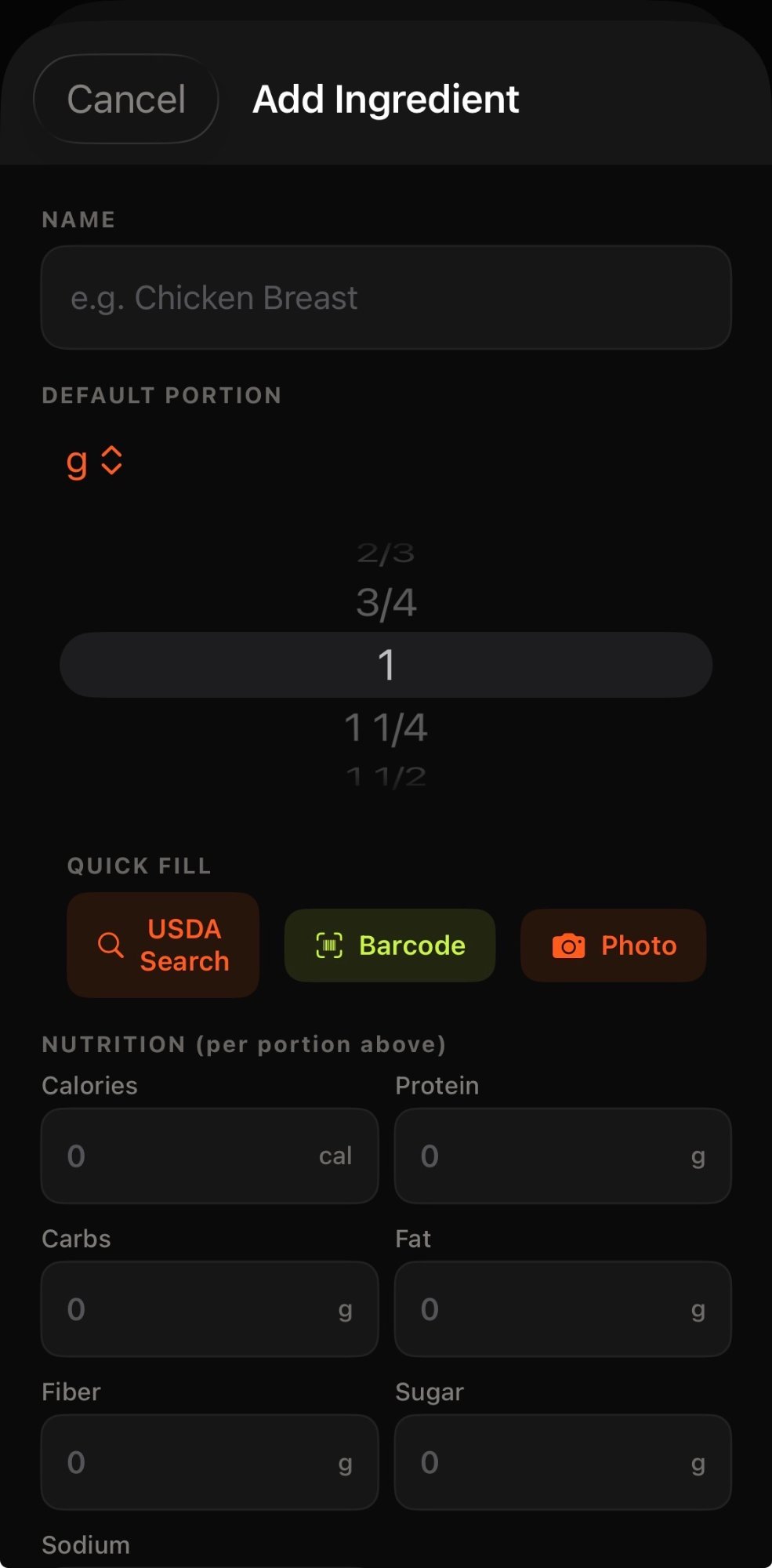 Add Ingredient screen with Barcode scanner option